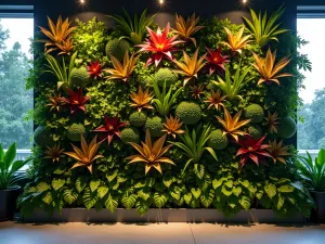 Contemporary Bromeliad Wall - A modern living wall showcasing a collection of colorful bromeliads arranged in a precise grid pattern, soft evening lighting, wide angle view