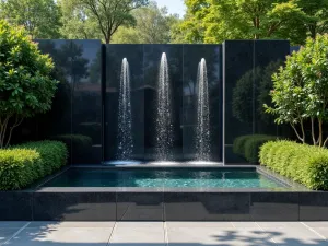 Contemporary Bubble Wall - Aerial view of a black granite wall with controlled bubble features creating vertical columns of rising bubbles, surrounded by architectural plants