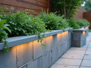 Contemporary Concrete Blocks - Close-up shot of a minimalist retaining wall using large-format concrete blocks in varying shades of grey, with integrated LED strip lighting and vertical garden pockets featuring trailing plants.