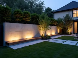 Contemporary Concrete Garden Wall - A sleek, board-formed concrete garden wall with integrated LED lighting and floating wooden benches, photographed at dusk, wide angle