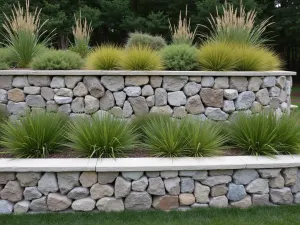 Contemporary Gabion Steps - Aerial view of a staggered wall made from modern gabion cages filled with local stone, with ornamental grasses growing between levels