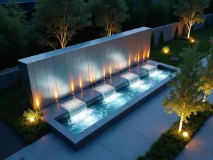 Contemporary Light and Water Wall - Aerial view of a sleek stainless steel wall with LED-lit water channels creating geometric patterns, surrounded by modern landscaping and ground lighting