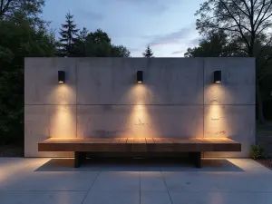 Contemporary Limestone Wall - Clean-lined limestone wall with integrated LED lighting and floating wooden bench, photographed at dusk