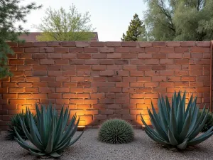 Contemporary Perforated Brick Wall - Modern garden wall with decorative brick perforations creating interesting light patterns, desert plants in foreground, aerial view