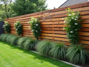 Contemporary Privacy Screen - Modern pallet privacy screen with alternating solid sections and planted areas featuring ornamental grasses and climbing jasmine, shot from a diagonal angle