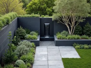 Contemporary Slate Wall - Aerial view of a modern garden featuring a dark slate wall with water feature, geometric planting beds, and architectural plants