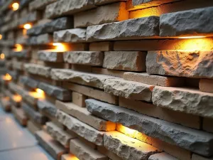 Contemporary Stone Stack - Close-up of a modern dry-stacked stone wall with varying depths and textures, incorporating LED strip lighting between layers