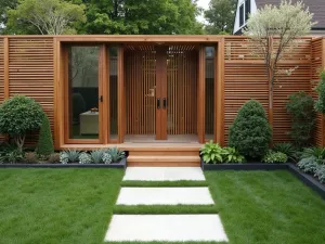 Contemporary Timber Privacy Screen - Aerial view of contemporary garden with geometric timber privacy wall, featuring alternating thick wooden slats and glass panels