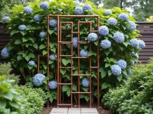 Copper Pipe Trellis Design - Modern copper pipe trellis in geometric pattern, patina finish, with climbing hydrangea, contemporary garden setting