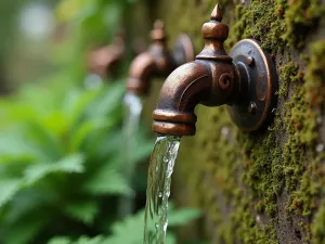 Copper Rain Chain Feature - Close-up of an aesthetic copper rain chain mounted on a garden wall with water droplets, surrounded by ferns and moss growth