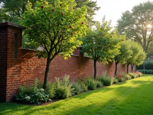 Cottage Garden Brick Wall with Espaliered Fruit - Traditional red brick wall with carefully trained espaliered apple trees, cottage garden flowers at the base, late morning light