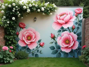 Cottage Garden Flora Wall - Aerial view of a painted garden wall depicting oversized cottage garden flowers in soft pastels, with real climbing roses matching the artwork