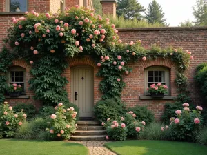 Cottage Garden Levels - Romantic staggered brick wall with climbing roses and cottage garden flowers cascading down multiple levels, shot in soft evening light