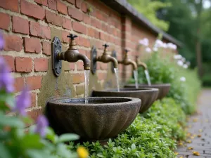 Cottage Garden Wall Spouts - Aged brick wall with vintage brass spouts pouring into a series of weathered stone troughs, surrounded by cottage garden flowers