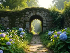 Cottage Garden Stone Wall - An old stone wall with moss and ferns growing from its crevices, surrounded by cottage garden flowers and climbing hydrangea, ethereal morning light