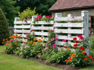 Cottage Pallet Flower Display - Charming cottage-style garden wall created from whitewashed pallets, filled with colorful petunias, lobelia, and trailing nasturtiums, photographed from a slight low angle with cottage architecture in the background