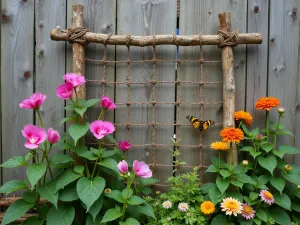 Cottage Garden String Trellis - Rustic twine string trellis system with sweet peas and nasturtiums, against weathered wooden fence, cottage garden style