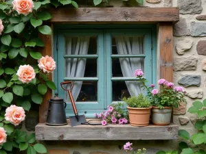 Cottage Window Pallet Frame - Close-up of a decorative pallet frame around a cottage window, featuring climbing roses and clematis with vintage garden tools as accents