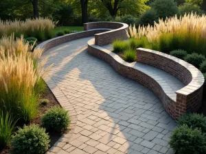 Curved Brick Garden Wall with Seating - Sweeping curved brick wall with integrated bench seating, softened by flowing ornamental grasses and perennials, aerial perspective