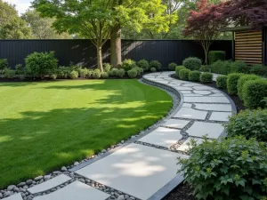 Curved Privacy Screen - Aerial view of a curved modern garden wall made from powder-coated aluminum with a wave pattern, creating a flowing boundary line in a contemporary garden