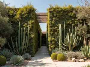 Desert Living Wall - An architectural living wall featuring desert plants and cacti arranged in angular patterns, harsh sunlight creating dramatic shadows, normal view