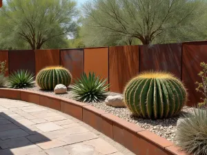 Desert Modern Retaining Wall - Aerial view of a contemporary retaining wall featuring cor-ten steel panels alternating with desert-adapted plantings. Agaves and barrel cacti create strong architectural elements.