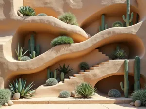 Desert Rock Garden Wall - Wide shot of a staggered sandstone wall with desert plants and cacti arranged in a striking geometric pattern across multiple levels