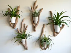 Driftwood Art Installation - Natural driftwood pieces arranged artistically on a rendered wall, interspersed with mounted airplants and orchids