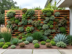 Drought-Tolerant Living Wall - Wide shot of a sustainable pallet wall system featuring drought-tolerant plants like sedum, echeveria, and ornamental grasses, with rainfall collection system