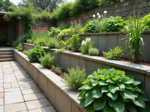 Eco-Friendly Living Wall - A sustainable retaining wall system incorporating built-in planters for edible herbs and vegetables, with recycled materials and rainwater harvesting features.