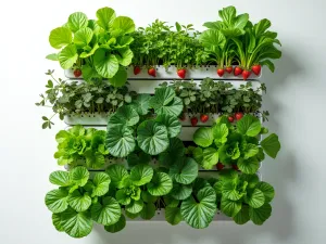 Edible Living Wall - A productive living wall system growing lettuce, strawberries, and herbs in a modern hydroponic setup, clean white background, close-up view