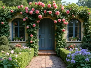 English Cottage Living Wall - A romantic living wall filled with climbing roses, clematis, and trailing campanula, morning light, normal view