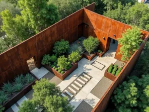 Floating Steel Garden Divider - An aerial view of a modern cor-ten steel garden wall that appears to float, creating distinct outdoor rooms, surrounded by ornamental grasses and bamboo