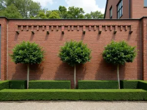 Formal Espalier Wall - An elegant brick wall featuring perfectly trained espalier fruit trees in geometric patterns, with formal box hedging at the base, symmetrical composition