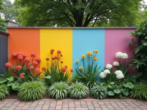 Four Seasons Garden Wall - Normal view of a garden wall divided into four sections, each painted to represent a different season with corresponding colors and botanical elements