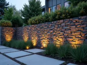 Gabion Contemporary Wall - Wide angle view of a modern gabion wall filled with carefully arranged slate pieces and illuminated from within, bordered by architectural plants