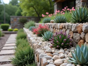 Gabion Wall with Succulent Garden - Close-up of a modern gabion wall filled with natural stones, featuring integrated steel planters with colorful succulents and desert plants, sharp detail