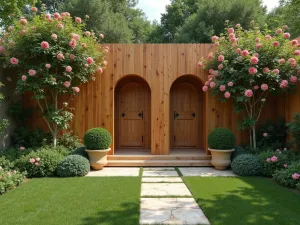 Garden Room Divider - Aerial view of wooden screen wall creating multiple garden rooms, with integrated arch doorways and climbing roses