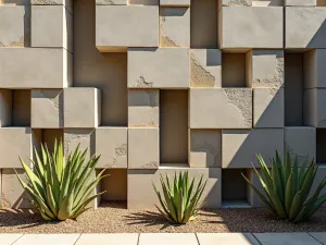 Geometric Block Garden Wall - A decorative garden wall made from geometric concrete blocks creating interesting shadow patterns, with desert plants in the negative spaces, close-up