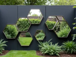 Geometric Mirror Installation - Modern arrangement of hexagonal mirrors mounted on a dark painted garden wall, reflecting plants and creating depth