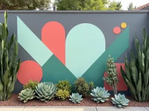 Geometric Modern Wall Design - Normal view of a contemporary grey garden wall featuring painted geometric shapes in mint green and coral, with architectural succulents at the base