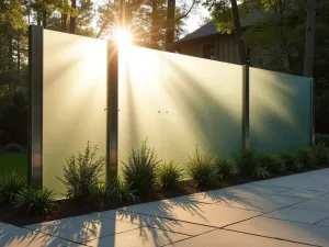 Glass Panel Garden Screen - Close-up of a frosted glass panel garden wall with stainless steel fixtures, backlit by evening sun, creating ethereal shadows on a stone patio