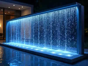 Glass Water Wall - Modern frameless glass wall with water flowing down its surface, creating mesmerizing bubble patterns, lit by color-changing LED lights