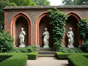 Gothic Revival Brick Wall - Detailed view of a Gothic-inspired brick garden wall with pointed arch niches housing classical statuary, climbing ivy adding atmosphere