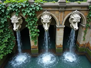 Gothic Revival Water Wall - Aerial view of an ornate Gothic-style stone wall with gargoyle water spouts and climbing ivy, creating multiple water streams