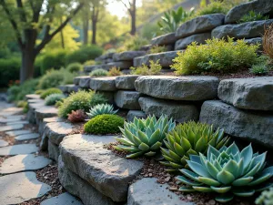 Granite Boulder Retaining Wall - Wide-angle view of a dramatic granite boulder retaining wall with cascading succulents and alpine plants, morning dew glistening