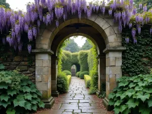 Heritage Garden Wall - A historic garden wall with weathered stone archway covered in wisteria, leading to a secret garden, atmospheric wide angle view