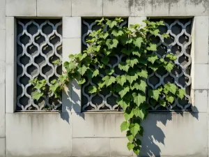 Hexagonal Modern Trellis - Aerial shot of hexagonal-patterned metal trellis panels with climbing ivy, mounted on contemporary concrete wall, geometric shadows