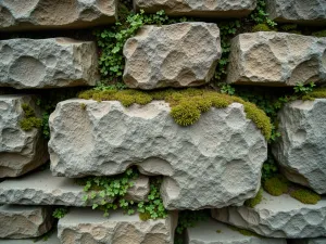 Historic Stone Wall Detail - Extreme close-up of a centuries-old stone wall showing lichen patterns, moss growth, and small ferns growing in mortar joints