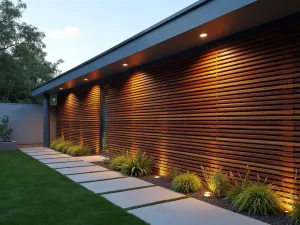 Horizontal Slatted Screen - Wide angle view of a modern horizontal slatted wall made from sustainable composite materials, creating partial privacy with integrated lighting